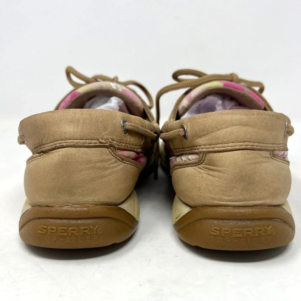 Sperry Womens‎ Plaid Tan Pink Green Leather Boat Deck Shoes Size 6M Preppy Girl